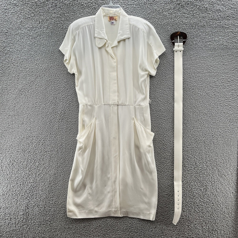 VTG 80s Katie Dress Women 14 Off White Knee Length Hip Pockets Shoulder Pad Midi